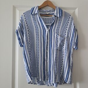 En Creme Woven Coastal Preppy Boho Button Up Shirt Womens S Blue White Rayon